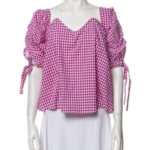 Caroline Constas Pink Gingham Check Puff-Sleeve Sweetheart Neck Blouse